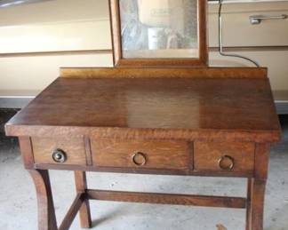 270 - Antique Oak Vanity w/ Mirror - 50" x 33" x 20"
