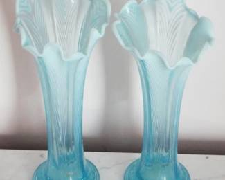 45 - Pair Northwood Feather 10" Vases Blue Opalescent
