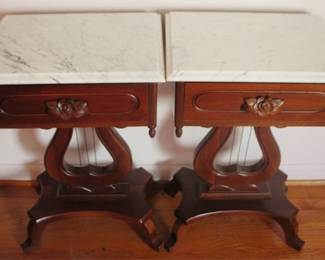41 - Pair Lyre Base Marble Top 1 Drawer Stands 29" x 18" x 14"

