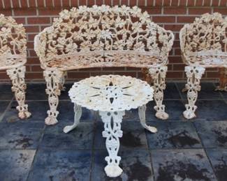 1 - Vintage 4 pc Cast Iron Grapevine Patio Set Chairs: 26" x 23" x 12" Table: 15" x 20" Bench: 28" x 38" x 12"
