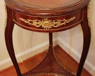 73 - French Marquetry Inlaid Table, Brass Ormolu 30" x 16"
