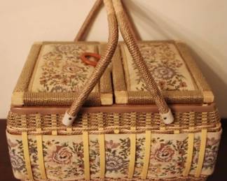 109 - Vintage Wicker Sewing Basket - 9" x 13" x 10"
