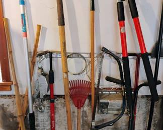 Assortment of Gardening Tools - Rakes, Hedge Trimmer/Pruners, Shovels