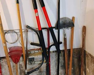 Assortment of Gardening Tools - Rakes, Hedge Trimmer/Pruners, Shovels