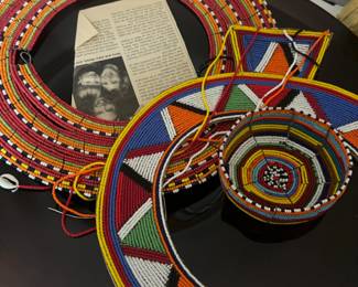 Two African Maasai Beaded Necklaces, African Maasai Beaded Bowl