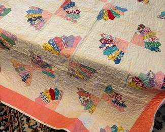 Pink, White & Multicolored Grandmother's Fan Quilt