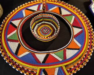 Two African Maasai Beaded Necklaces, African Maasai Beaded Bowl