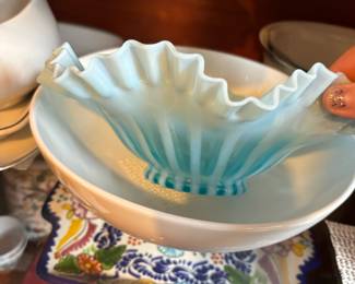 Blue Opalescent & White Striped Glass Bowl with Ruffled Edge