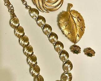 Chunky Gold Ton Leaf Bracelet, Crown Trifari Gold Tone Swirl Brooch, Gold Tone Leaf Brooch