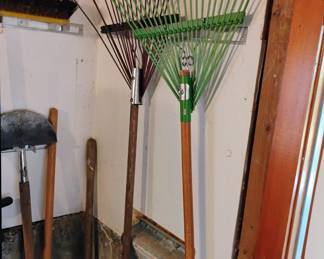Assortment of Gardening Tools - Rakes, Hedge Trimmer/Pruners, Shovels