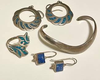 Mexican Turquoise Inlay Sterling Silver Ring & Earrings