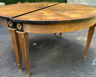 48. Pair of Vintage English Inlaid DemiLune Tables w/ Ormolu Detail (60" x 30" x 30") 