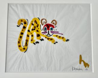 34. Signed Contemporary Watercolor Animal on Tissue Paper by Kazumri NY Art (17” x 14”) Mat (26” x 23”) (Leopard)