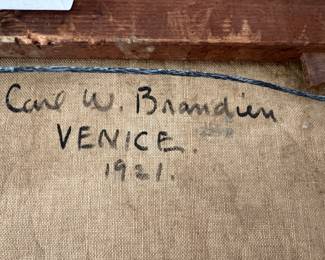 23. Signed Oil on Canvas by Carl W. Brandien of Venice 1921, in Finished Corned Gold Leaf Frame; Art (15.5” x 18.5”) Frame (19.5” X 23”)