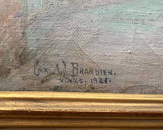 23. Signed Oil on Canvas by Carl W. Brandien of Venice 1921, in Finished Corned Gold Leaf Frame; Art (15.5” x 18.5”) Frame (19.5” X 23”)