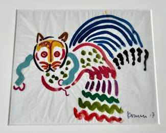 "35. Signed Contemporary Watercolor Animal on Tissue Paper by Kazumri NY Art (17” x 13.5”) Mat (26” x 23”)
(owl/peacock with blue tail)"