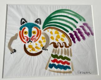 "33. Signed Contemporary Watercolor Animal on Tissue Paper by Kazumri NY Art (17” x 14”) Mat (26” x 23”)
(owl/peacock with green tail)"