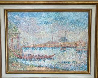 22. Signed Oil on Canvas by Hewitt 1950’s Venice Canal Art (30” x 23”) Restored Vintage Frame (39” x 31”)
