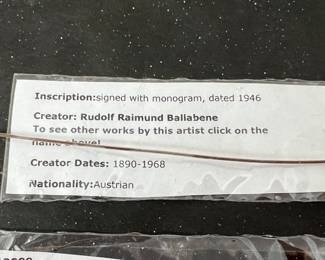 27. Signed Modern Piece on Grey Wash on Paper by Rudolf Raimund Ballabene 1930s Art (16” x 12”) Frame (16” x 20”)
