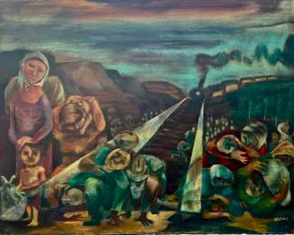 87. Signed Oil on Canvas by Joseph Wolins "War Refugees Exodus" (36" x 28")