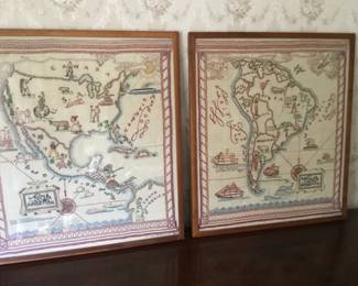 Vintage Embroidered Map Pair