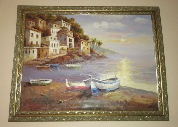 Artist Signed, Antonio Large Seaside Village Canvas Painting