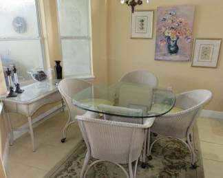 Mid Century Lloyd Flanders Loom Wicker Glass Top Table Set & Console Table