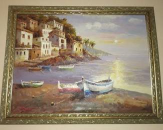 Artist Signed, Antonio Large Seaside Village Canvas Painting