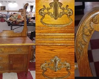 nice american oak washstand w harp, towel bar original antique ornate brass hardware. 