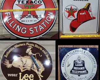 Porcelain signs large Texaco Filling Station 30 inch sign, Fire chief, Lee Rider Jeans, ATT telephone, more