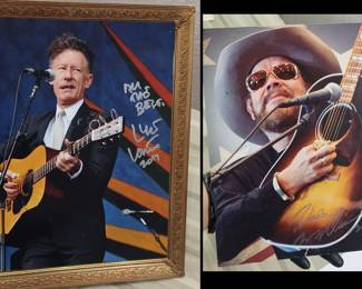 Autographed photos of famous country and western stars Lyle Lovett and Hank Williams Jr. 