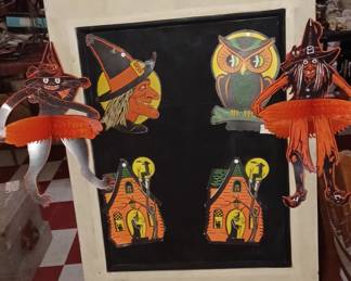 Halloween teachers bulletin board with cardboard cutouts of witch, owl, 2 haunted houses, plus folding witch and black cat w paper accordions skirts. 