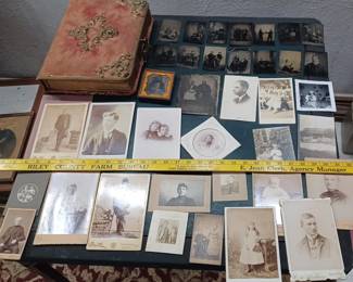 2 different victorian family photo albums in this auction, this one has 37 photos including tintypes, daguerrotype, ambrotype, cabinet photos, more.  The other lot has about 75 photos with it.  Some have identification. 