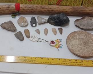 native american shaman's cactus rattle, arrowheads, flint hand axe?, Frankoma pottery civilized tribes trivet , scrapers, microbead ornament, more. 