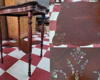 mahogany antique parlor table w shelf, inlaid mother of pearl. 