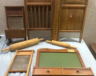 Several lots of great primitives in this sale, this one has 4 old wooden washboards 2 wooden rolling pins and a chalkboard w 2 chalk / eraser drawers and original tag from a bank where it was used.  Can remove the tag if you want. 