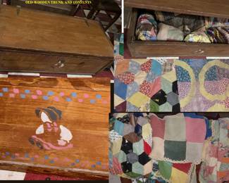 Antique wooden hand painted trunk full of old quilting / sewing items 