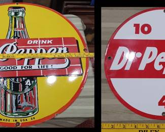 Dr Pepper porcelain signs, the yellow one is 30 inches wide and dated 1939 underneath the bottle. 