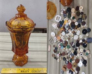 Fostoria large coin glass amber candy jar full of old buttons. 
