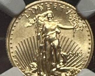 $5 gold piece, graded.  1/10th ounce 999 pure gold. ,