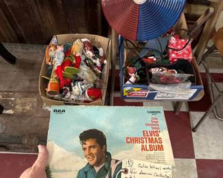 Elvis Christmas album, color wheel (for aluminum Christmas tree), and lots of vintage Christmas decorations including some cool old toy elves. 
