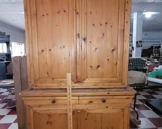 very old primitive knotty  pine farmhouse country kitchen cupboard.  some cool one of a kind primitive furniture in this sale. 