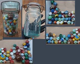 Lightning aqua fruit jar full of old marbles
