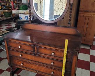 English oak 4 drawer dresser with beveled swivel mirror and tobacco twist / barley twist legs and supports. 