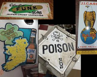 More signs Miller Lite large sign w map of Ireland, old industrial flip sign, Case porcelain tractor sign, Funk and Sons porcelain corn sign