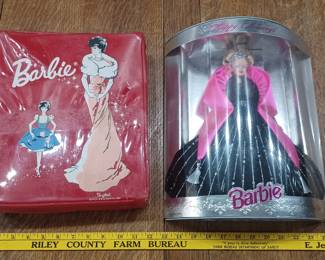 Holiday Barbie still in original box, also old vinyl 1960s case