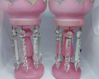 pink victorian art glass lustres with heavy crystal cut glass prisms