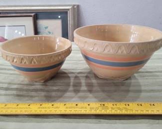 2 old mccoy blue and pink banded mixing bowls
