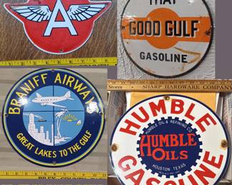 Porcelain signs, Flying A gasoline, Good Gulf gasoline, Humble Oils Houston Texas gasoline, and Braniff Airways 