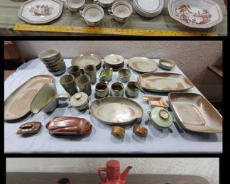 several sets of dinnerware in this auction. red one is Metlox middle one is Frankoma, and top one is Adams and Sons ironstone. 